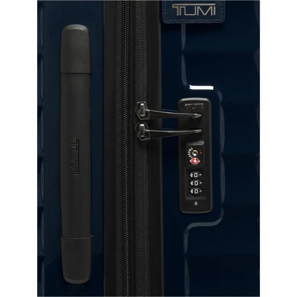 Tumi Large Expandable Checked Glossy Navy Hard-Shell Spinner Luggage suitcase